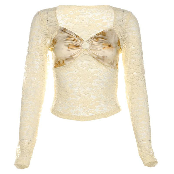Long sleeve lace ruched print o ring hollow out top