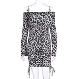 Long sleeve leopard print off shoulder ruched mini dress