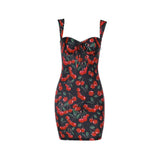 Minivestido sin espalda con estampado de cerezas y cuello en V 