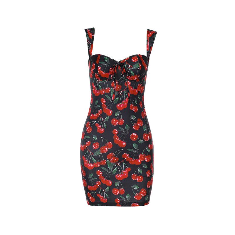 Minivestido sin espalda con estampado de cerezas y cuello en V 