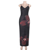 Robe longue fendue à imprimé fleuri et col en V avec perles 
