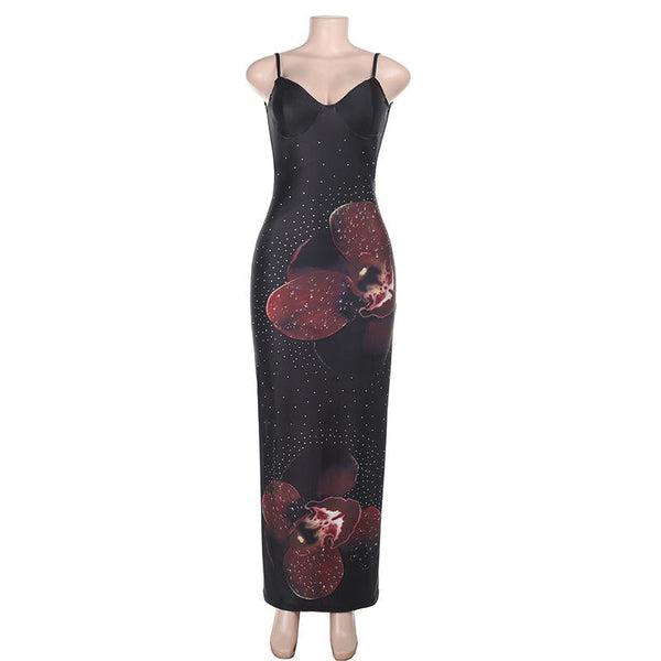 Robe longue fendue à imprimé fleuri et col en V avec perles 