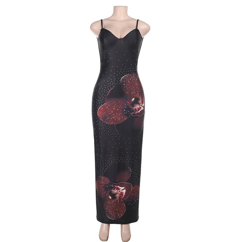 Robe longue fendue à imprimé fleuri et col en V avec perles 
