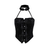 Top estampado sin espalda, calado y con botones halter 