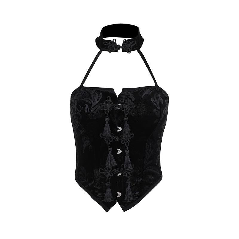 Top estampado sin espalda, calado y con botones halter 