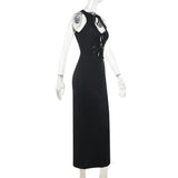 Self tie hollow out crewneck slit solid midi dress