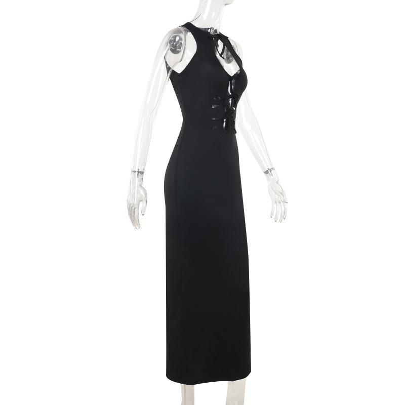 Self tie hollow out crewneck slit solid midi dress