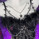 Top camisola con estampado de encaje esponjoso y aplique de alfiler con cadena de metal 