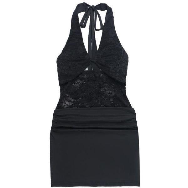 Vestido mini de encaje fruncido con escote halter y lazo anudado 