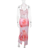 Vestido largo con escote halter, estampado de mariposas y abertura 