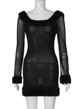 Minivestido de manga larga con cuello en U y malla esponjosa transparente 