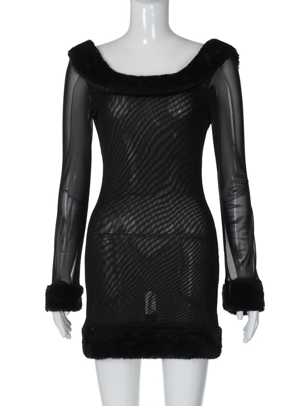 Minivestido de manga larga con cuello en U y malla esponjosa transparente 
