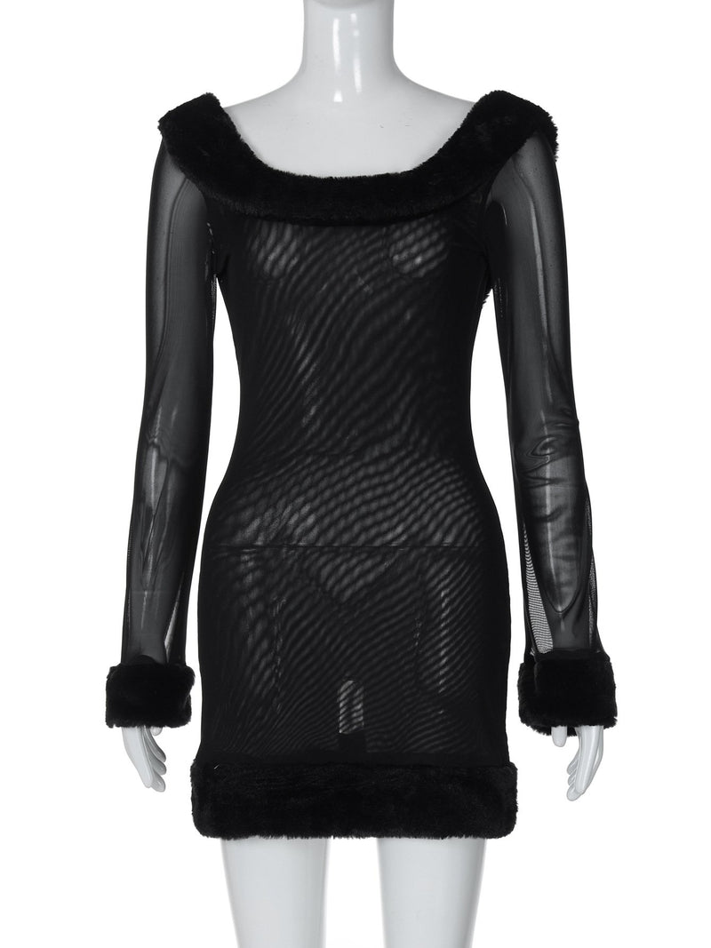 Minivestido de manga larga con cuello en U y malla esponjosa transparente 