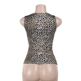 Leopard print lace hem hollow out v neck top