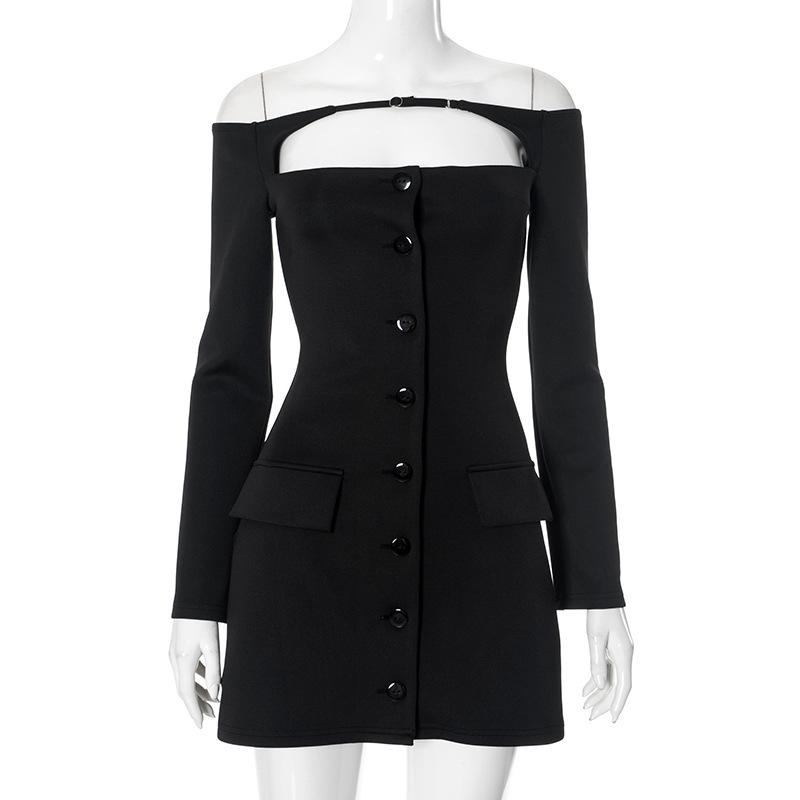 Off shoulder long sleeve button hollow out mini dress