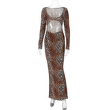Long sleeve leopard print hollow out u neck maxi dress
