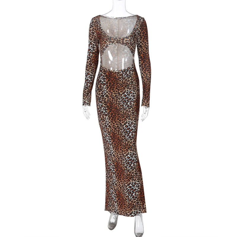Long sleeve leopard print hollow out u neck maxi dress