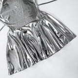 Metallic self tie halter cowl neck backless mini dress