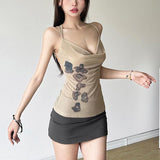 Cross back cowl neck mesh print cami top