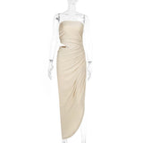 Ruched irregular hollow out solid tube maxi dress