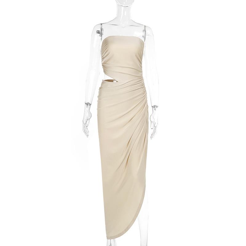 Ruched irregular hollow out solid tube maxi dress