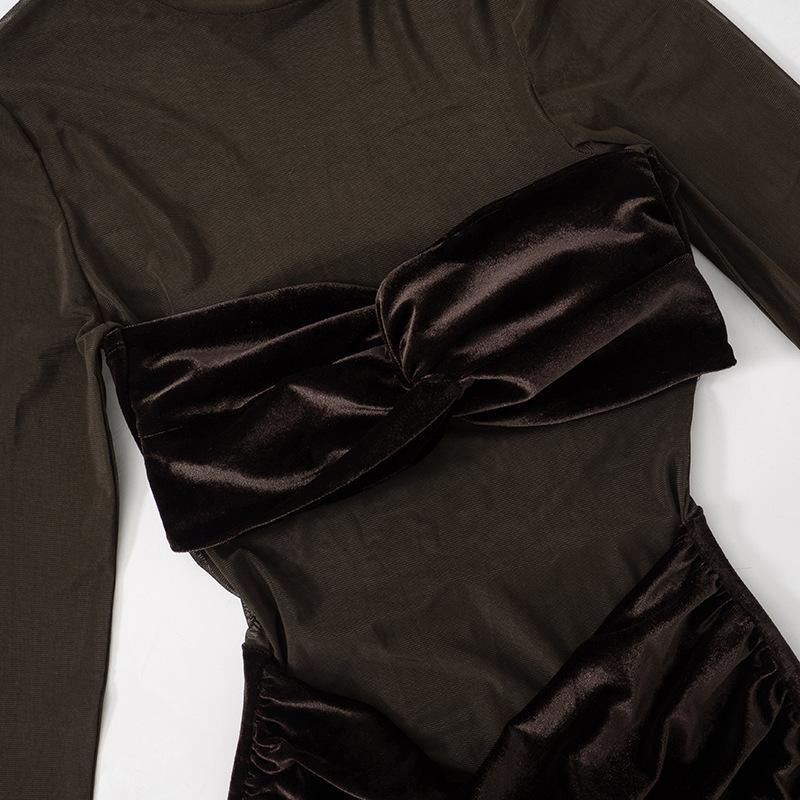 Long sleeve mesh high neck velvet ruched mini dress