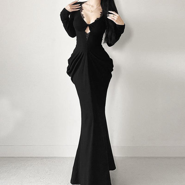Vestido largo fruncido con dobladillo de encaje y escote en V y manga larga 