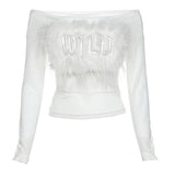 Long sleeve off shoulder feather letter embroidery top