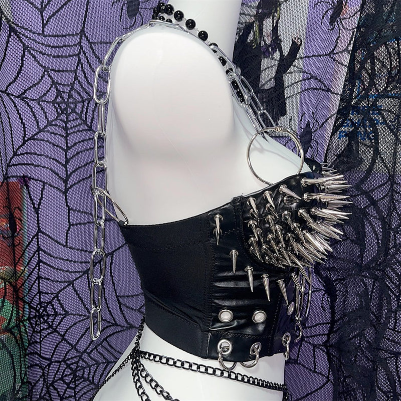 O ring hollow out metal chain rivet applique PU leather top