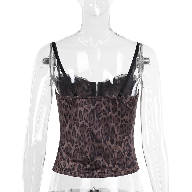 Haut camisole dos nu à volants et imprimé léopard à col en V 