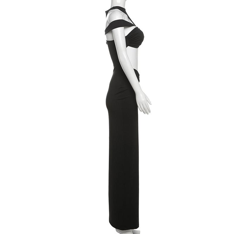 Ruched hollow out crewneck solid maxi dress
