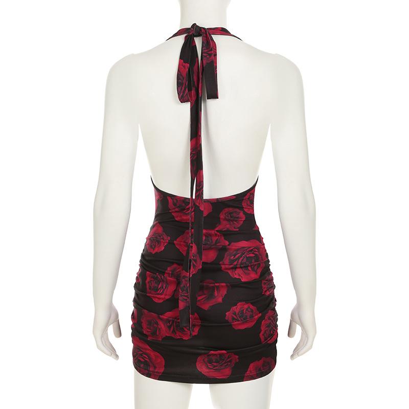 Flower print halter self tie u neck ruched mini dress