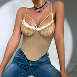 Ruched v neck lace hem corset button cami top