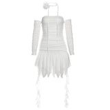 Vestido mini liso de manga larga fruncido con hombros descubiertos 