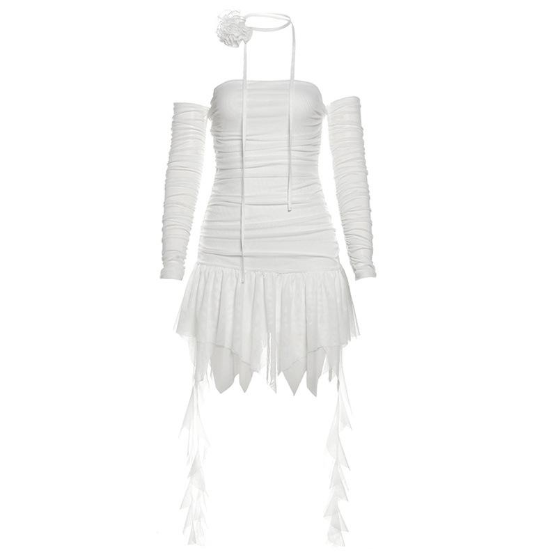 Vestido mini liso de manga larga fruncido con hombros descubiertos 