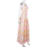 Ruched flower print backless tube maxi dress