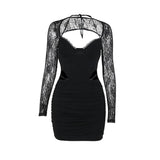 Vestido mini de manga larga con encaje calado y fruncido con lazo 
