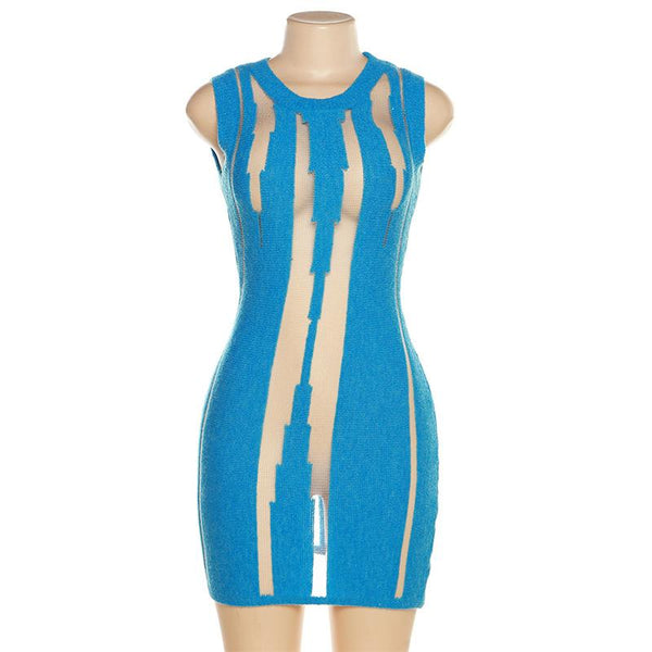 Minivestido de patchwork de malla de punto con cuello redondo 