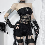 Vestido mini de tubo irregular con apliques cruzados de encaje 