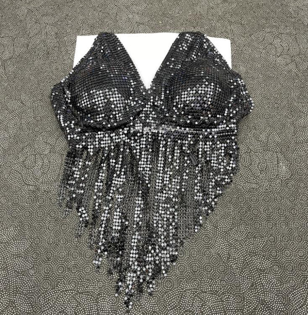 Haut à paillettes avec col en V et pompons à nouer soi-même 
