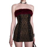 Fluffy print contrast backless tube mini dress