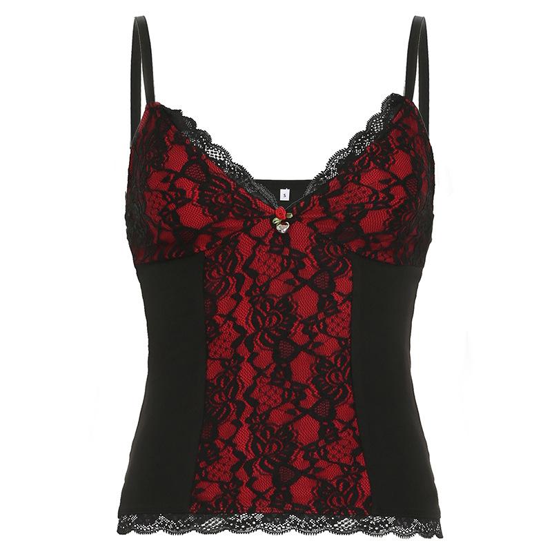 Top camisola sin espalda con apliques de flores y dobladillo de encaje con cuello en V 