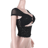Hollow out lace cap sleeve v neck solid top