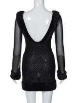 Minivestido de manga larga con cuello en U y malla esponjosa transparente 