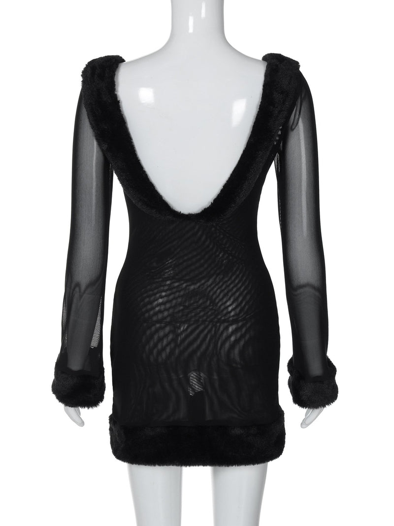 Minivestido de manga larga con cuello en U y malla esponjosa transparente 