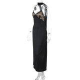 Lace hem v neck zip-up cross back cami maxi dress