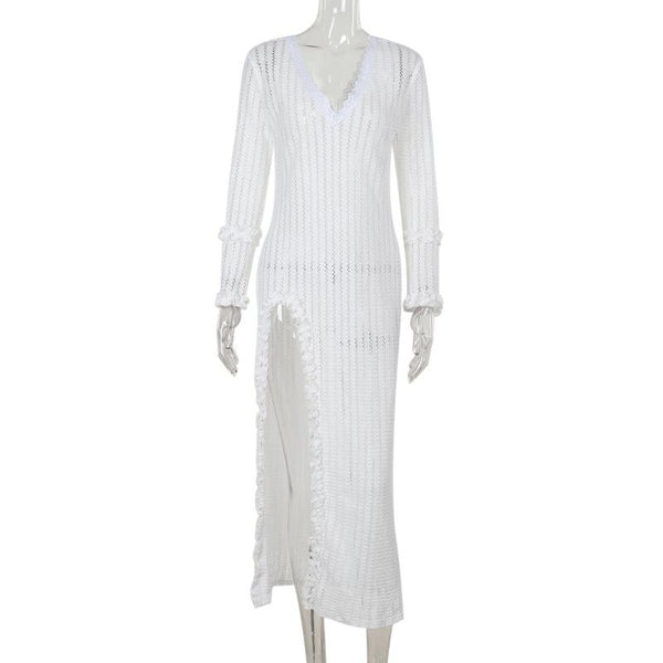 Vestido midi de punto con abertura y encaje, cuello en V y manga larga 