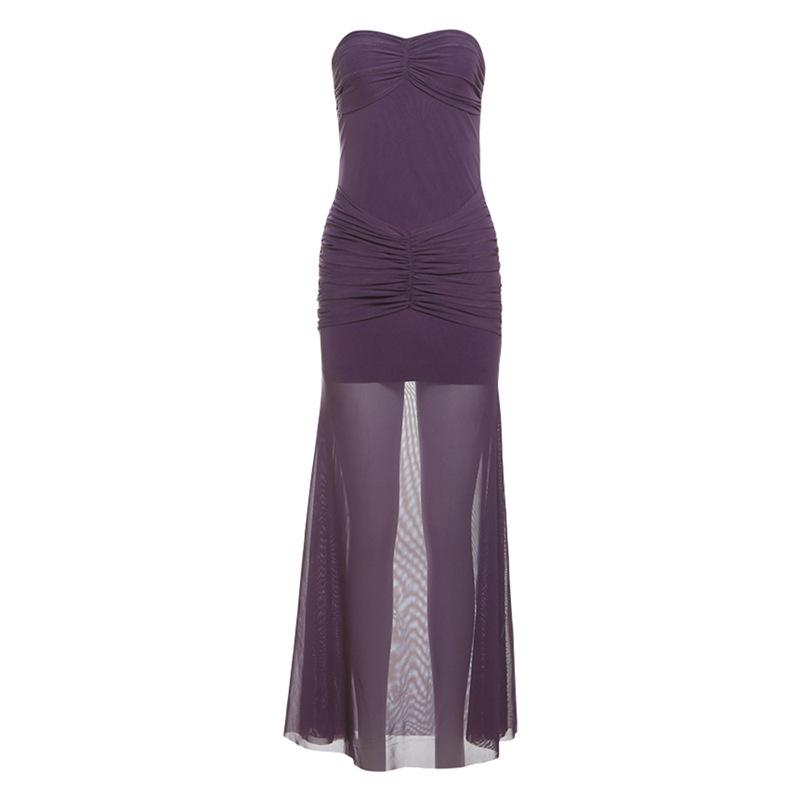 Vestido largo liso de malla fruncida con cuello de corazón 