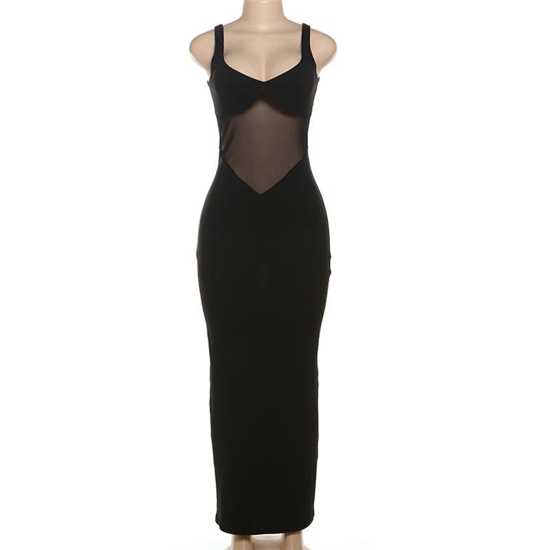 Vestido largo liso de corte bajo con parches de malla y cuello en V 