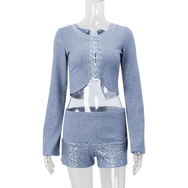 Long sleeve hollow out lace up textured round neck top